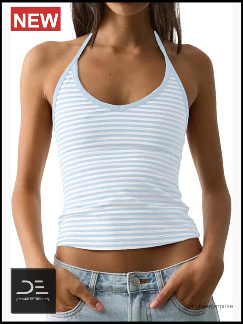 Sleeveless Striped Colorblock V Neck Crop Cami Tank Tie Up Halter Backless Slim